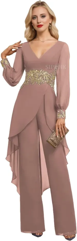SIPUHK 2 PCs Pant Suits for Women Dressy Gold Applique Outfit Chiffon Long Sleeve Mother of The Bride Pantsuit for Wedding