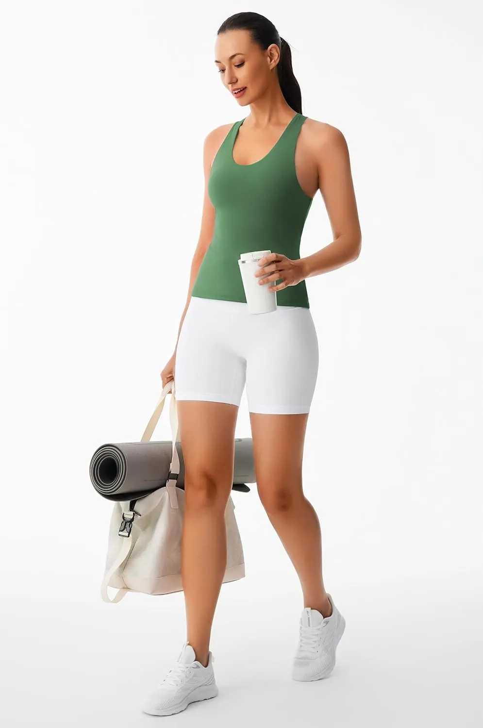 Smooth Workout Tank Top with Built-in Bra for Women Cross Back Athletic Yoga Tops Stretchy Sports Camisole for Gym Pilates