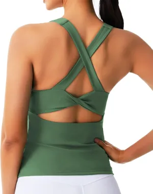 Smooth Workout Tank Top with Built-in Bra for Women Cross Back Athletic Yoga Tops Stretchy Sports Camisole for Gym Pilates