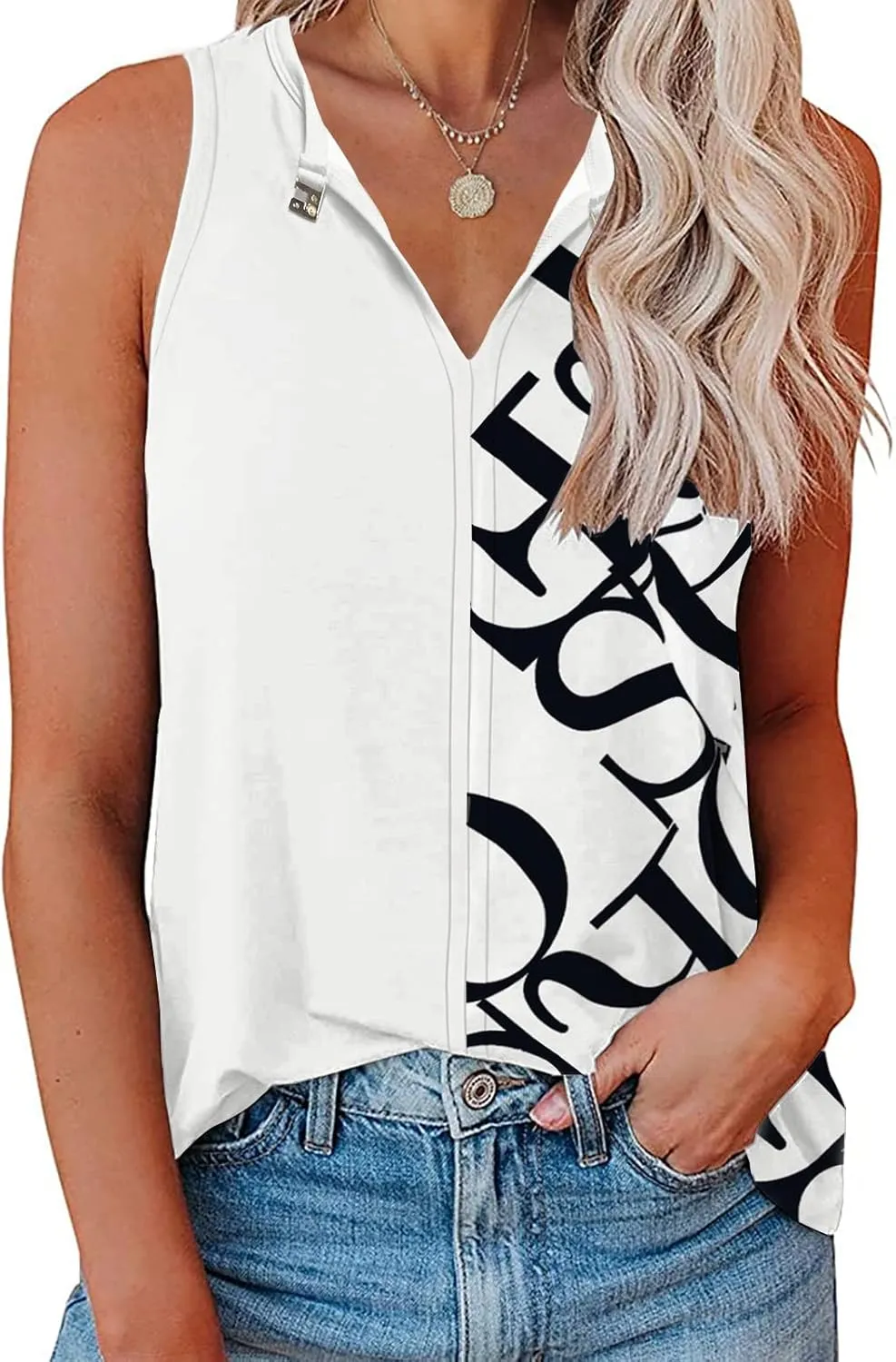 Soesdemo Tank Top for Women Keyhole V Neck Sleeveless Summer Casual Loose Fit Business Cute Floral Basic Shirt Blouse