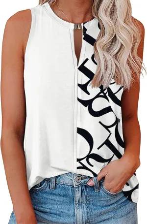 Soesdemo Tank Top for Women Keyhole V Neck Sleeveless Summer Casual Loose Fit Business Cute Floral Basic Shirt Blouse
