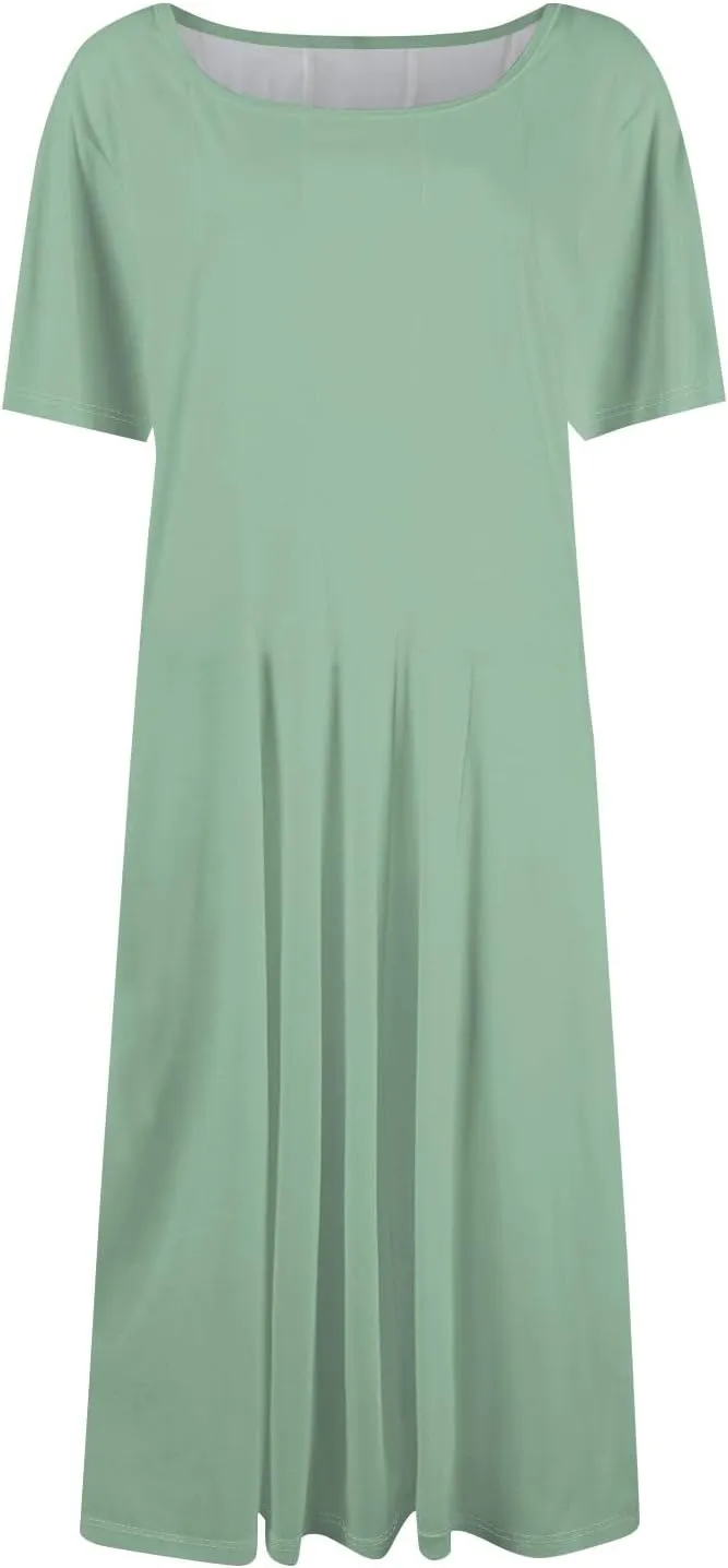 Spring Dresses for Women 2025 Cinched Waist Short Sleeve with Side Pocket Women Dress Plus Size Midi Crewneck Dress