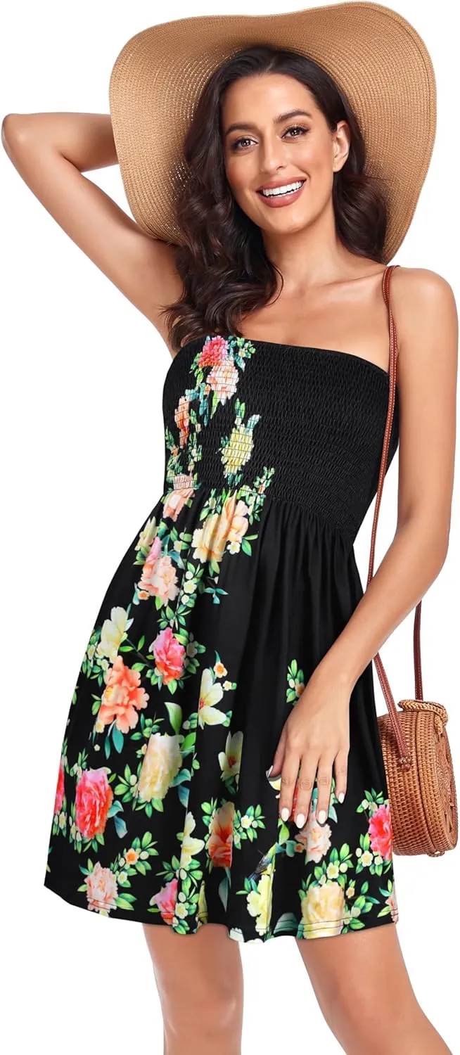Summer Dress for Women Beach Boho Strapless Cover Ups Off Shoulder Floral Sundresses
