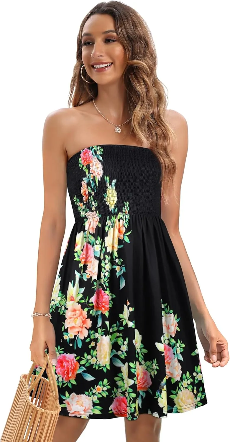 Summer Dress for Women Beach Boho Strapless Cover Ups Off Shoulder Floral Sundresses