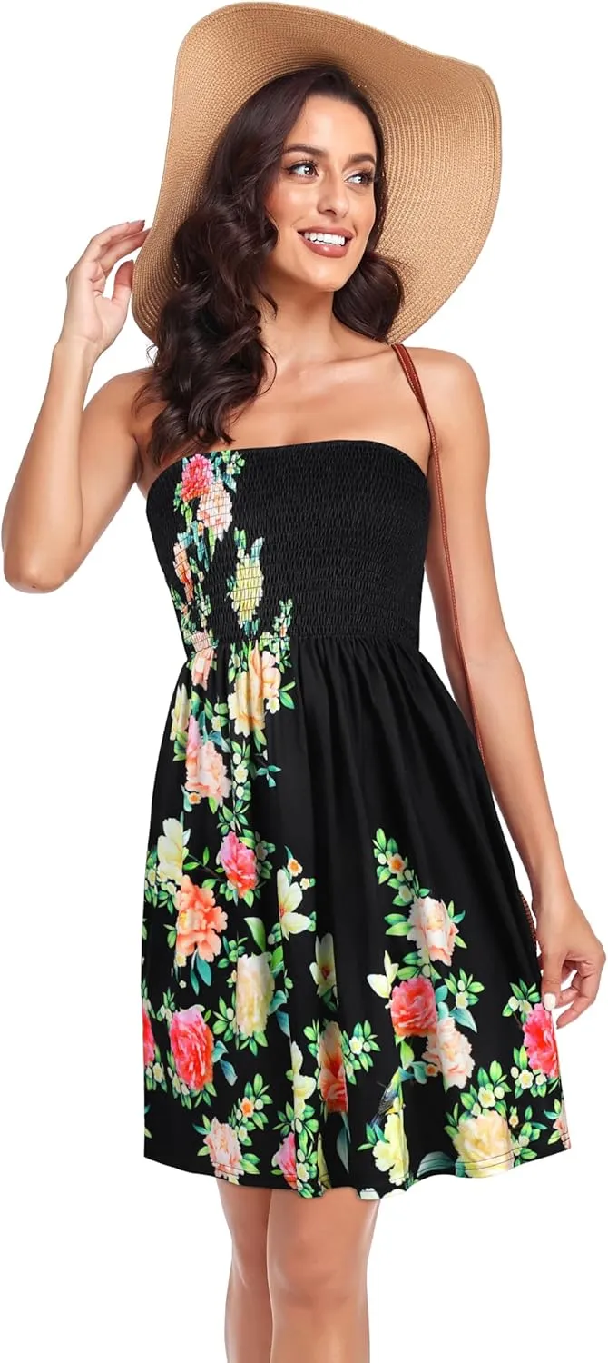Summer Dress for Women Beach Boho Strapless Cover Ups Off Shoulder Floral Sundresses