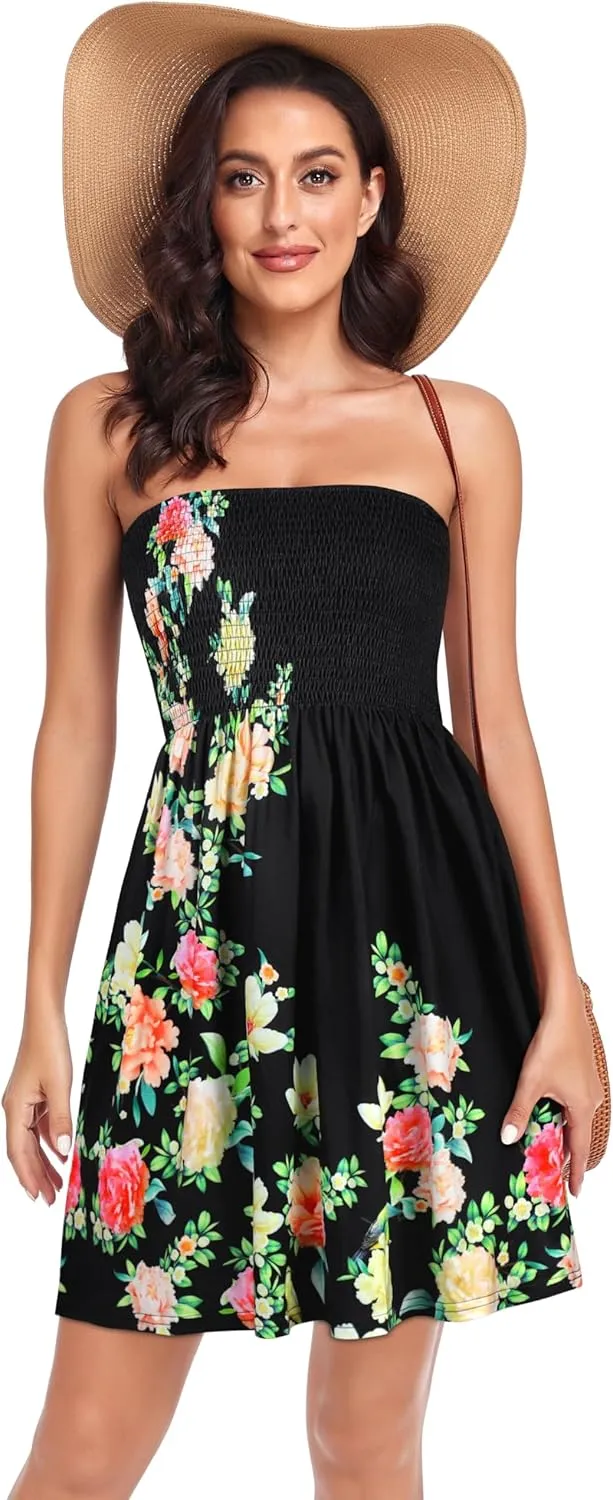 Summer Dress for Women Beach Boho Strapless Cover Ups Off Shoulder Floral Sundresses