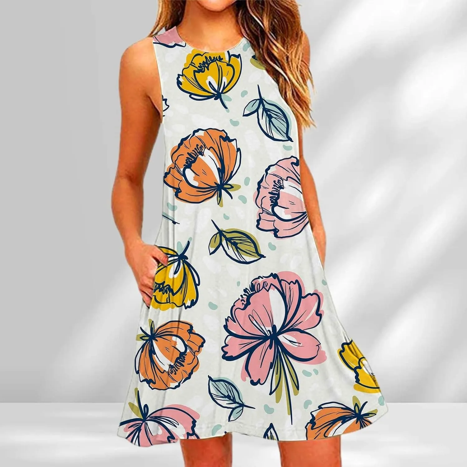 Summer Dresses for Women 2024 Floral Print Beach Party Sundress Sleeveless Fashion Cocktail Dress Casual Pockets Boho Dress