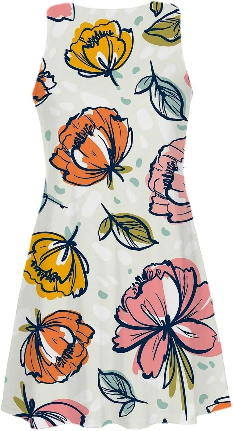 Summer Dresses for Women 2024 Floral Print Beach Party Sundress Sleeveless Fashion Cocktail Dress Casual Pockets Boho Dress