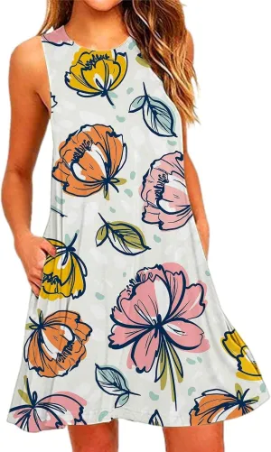 Summer Dresses for Women 2024 Floral Print Beach Party Sundress Sleeveless Fashion Cocktail Dress Casual Pockets Boho Dress