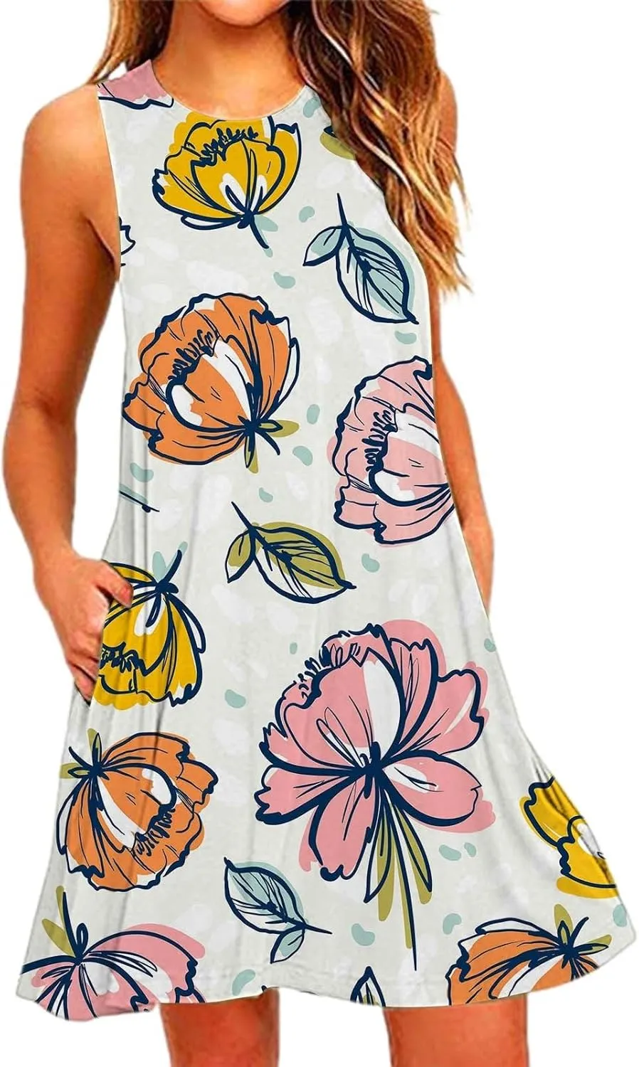 Summer Dresses for Women 2024 Floral Print Beach Party Sundress Sleeveless Fashion Cocktail Dress Casual Pockets Boho Dress