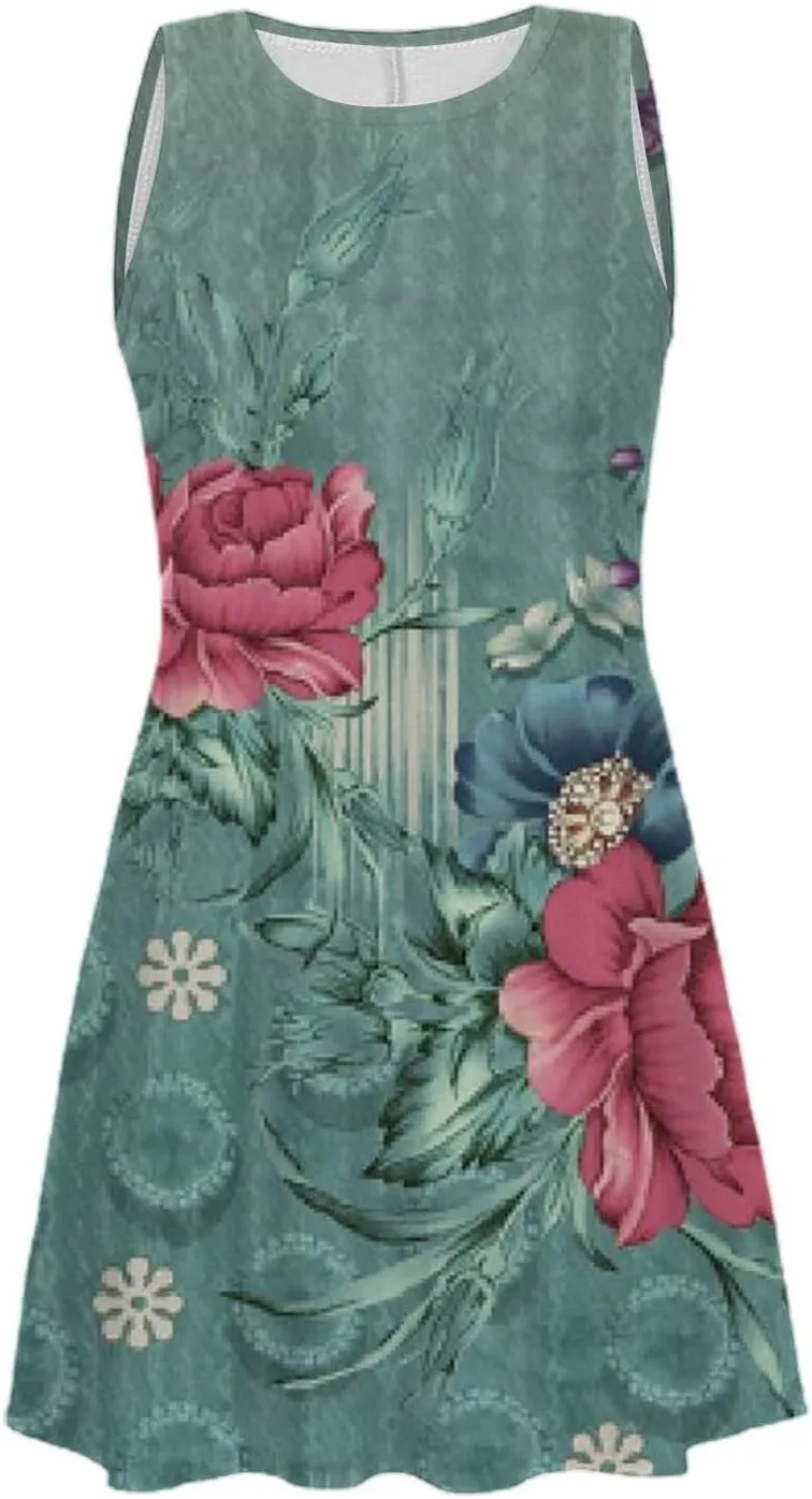 Summer Dresses for Women 2024 Floral Print Beach Party Sundress Sleeveless Fashion Cocktail Dress Casual Pockets Boho Dress