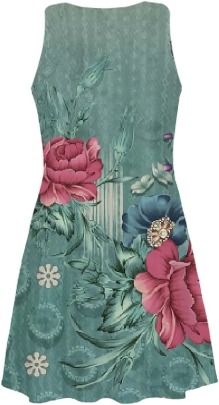 Summer Dresses for Women 2024 Floral Print Beach Party Sundress Sleeveless Fashion Cocktail Dress Casual Pockets Boho Dress