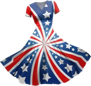 Summer Dresses for Women 2025 4th of July Dress Patriotic American Flag Dress Casual Beach Boho Vintage Midi Dresses