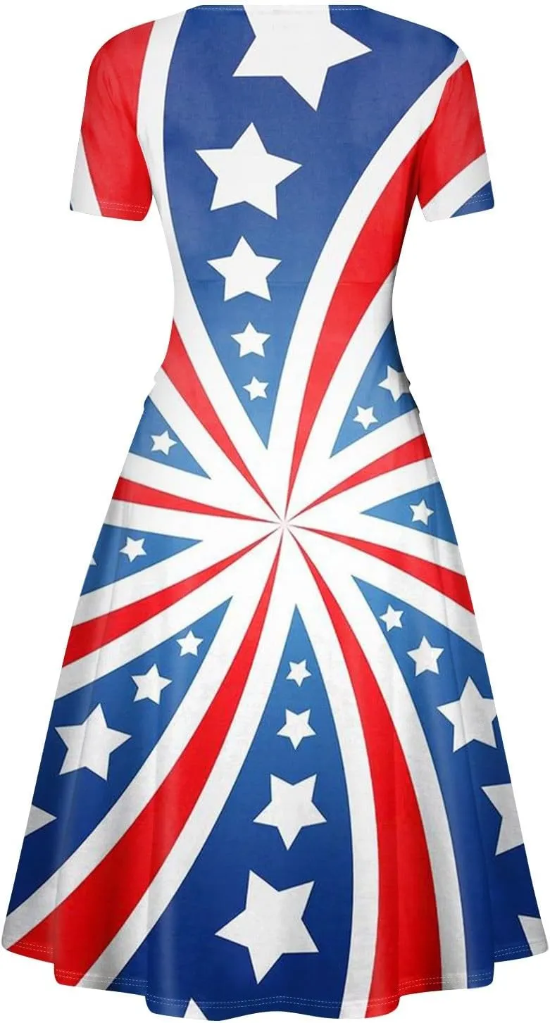 Summer Dresses for Women 2025 4th of July Dress Patriotic American Flag Dress Casual Beach Boho Vintage Midi Dresses