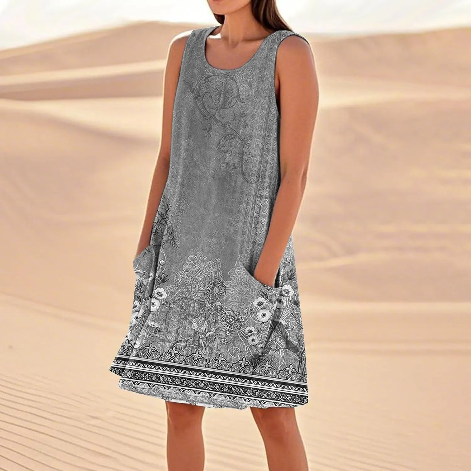 Summer Dresses for Women 2025 Crewneck Sleeveless Cotton Linen Tank Dress Beach Vacation Sundresses with Pockets
