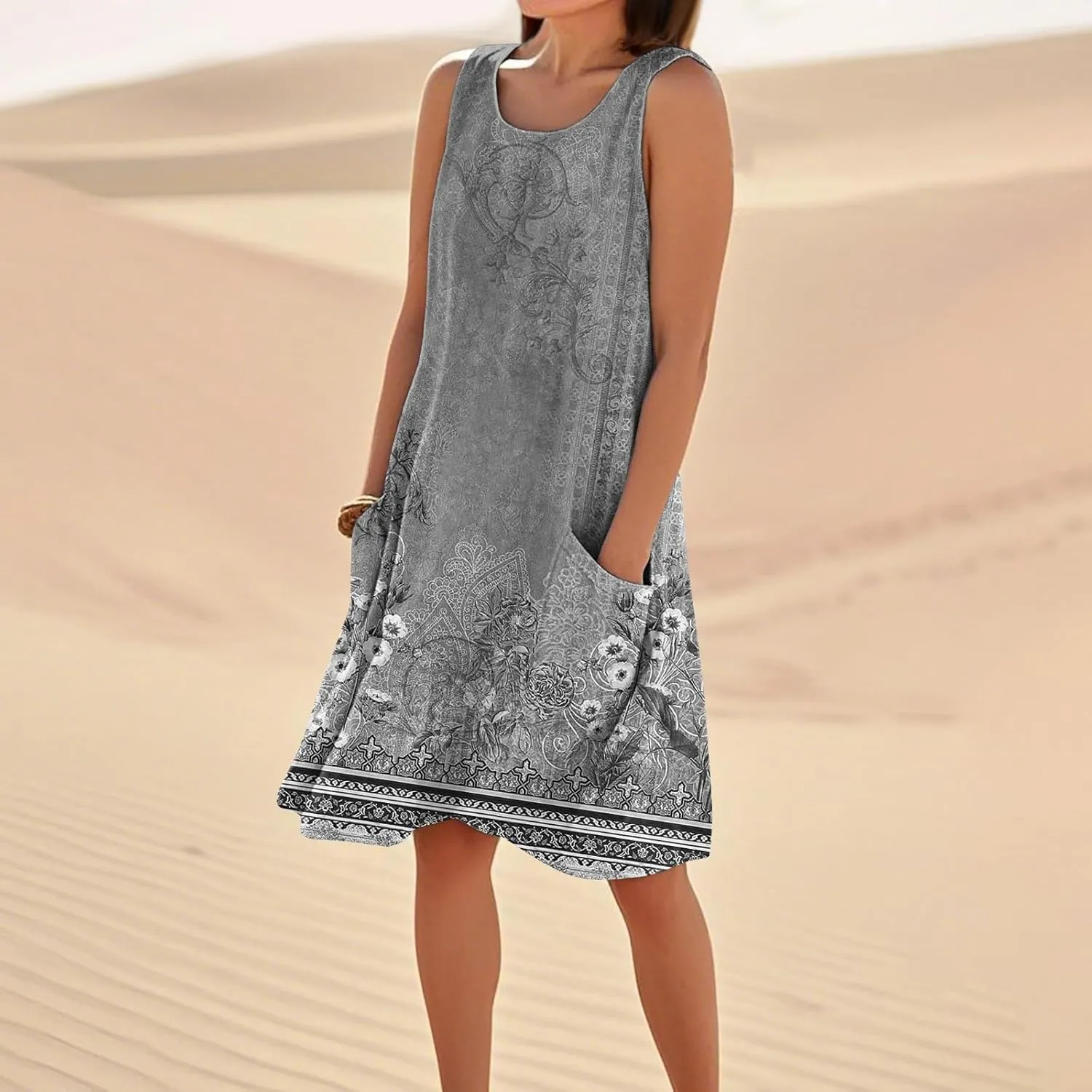 Summer Dresses for Women 2025 Crewneck Sleeveless Cotton Linen Tank Dress Beach Vacation Sundresses with Pockets