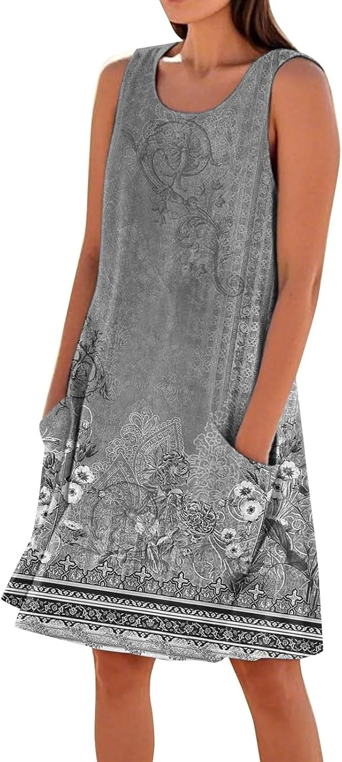 Summer Dresses for Women 2025 Crewneck Sleeveless Cotton Linen Tank Dress Beach Vacation Sundresses with Pockets