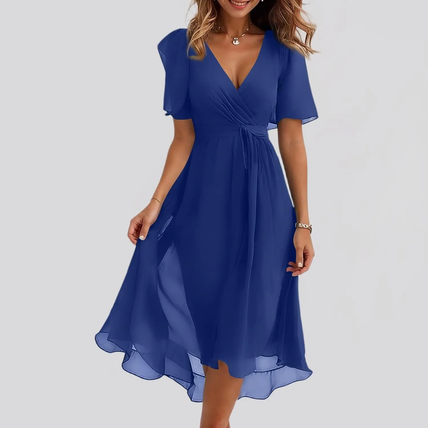 Summer Dresses for Women 2025 Floral Printed Chiffon V Neck Short Sleeve Midi Dress Casual Work A Line Dress