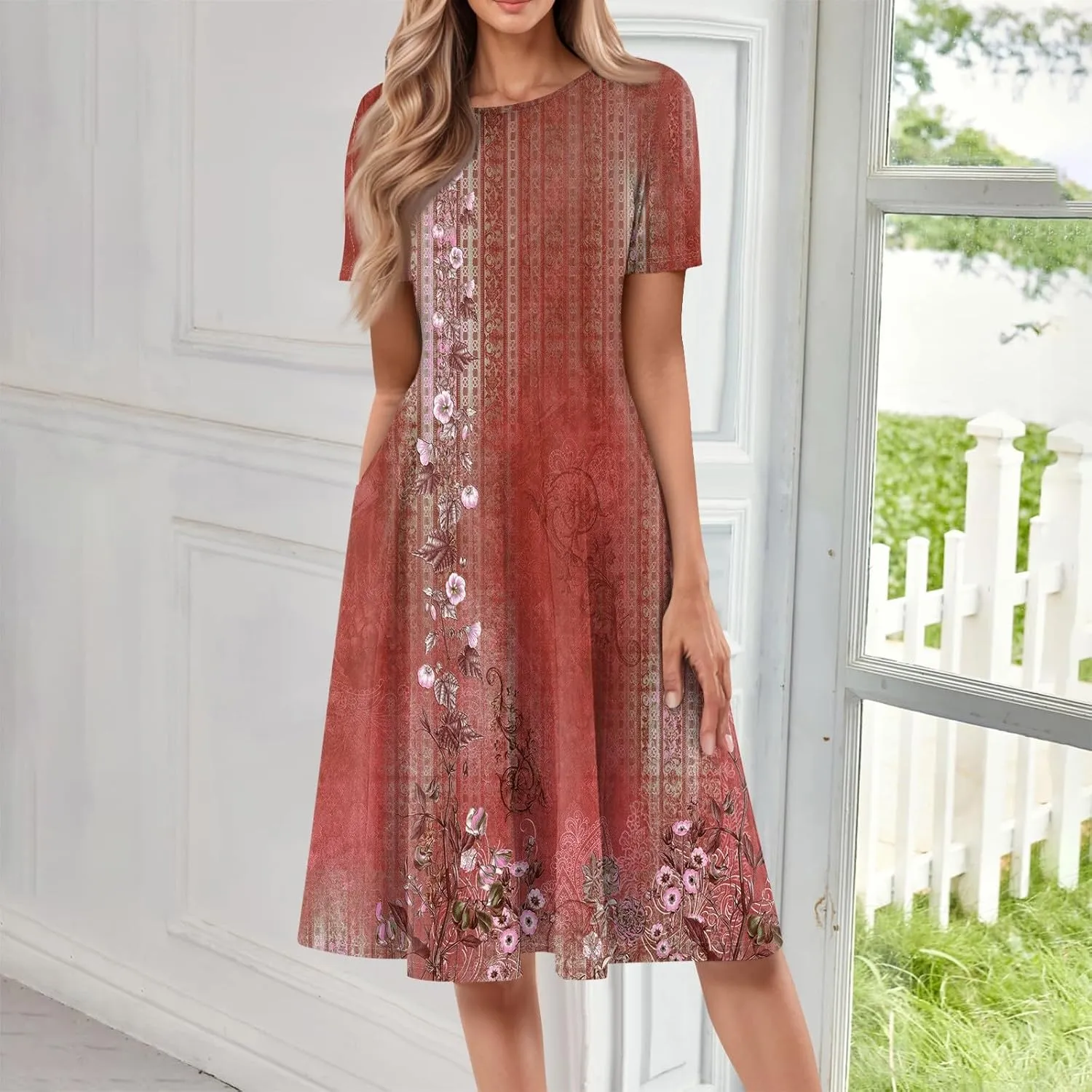 Summer Dresses for Women 2025 Midi Short Sleeve Crew Neck Women Dress Fashion Pleated with Side Pocket A Line Dress