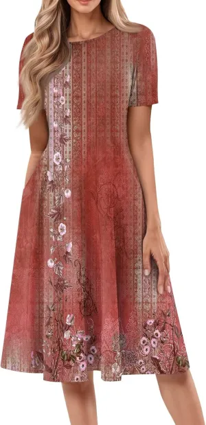 Summer Dresses for Women 2025 Midi Short Sleeve Crew Neck Women Dress Fashion Pleated with Side Pocket A Line Dress