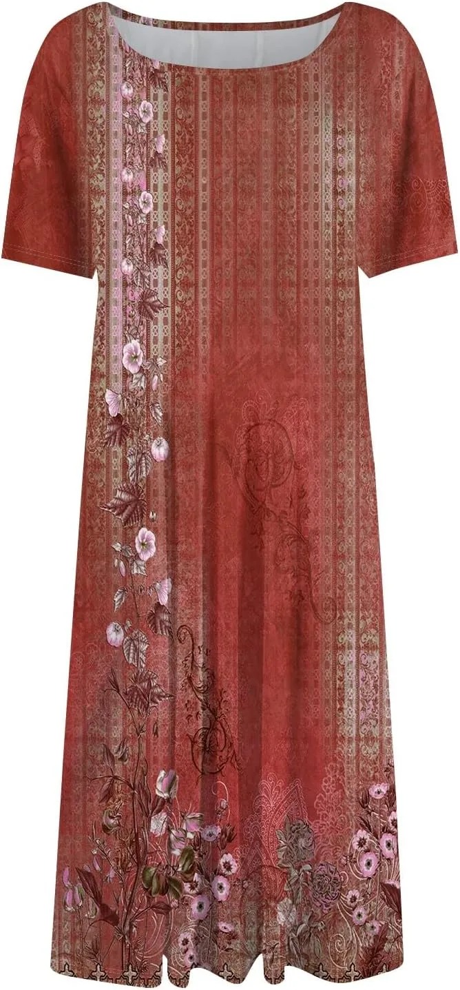 Summer Dresses for Women 2025 Midi Short Sleeve Crew Neck Women Dress Fashion Pleated with Side Pocket A Line Dress