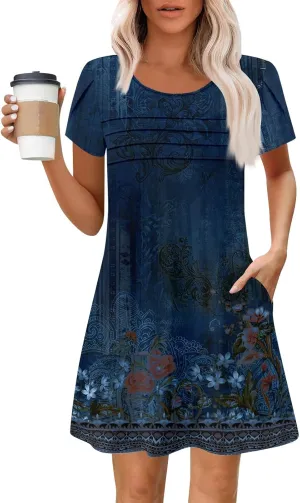 Summer Dresses for Women 2025 Round Neck Floral Short Sleeve Dress Casual T Shirt Dresses Pleated Front Beach Dress