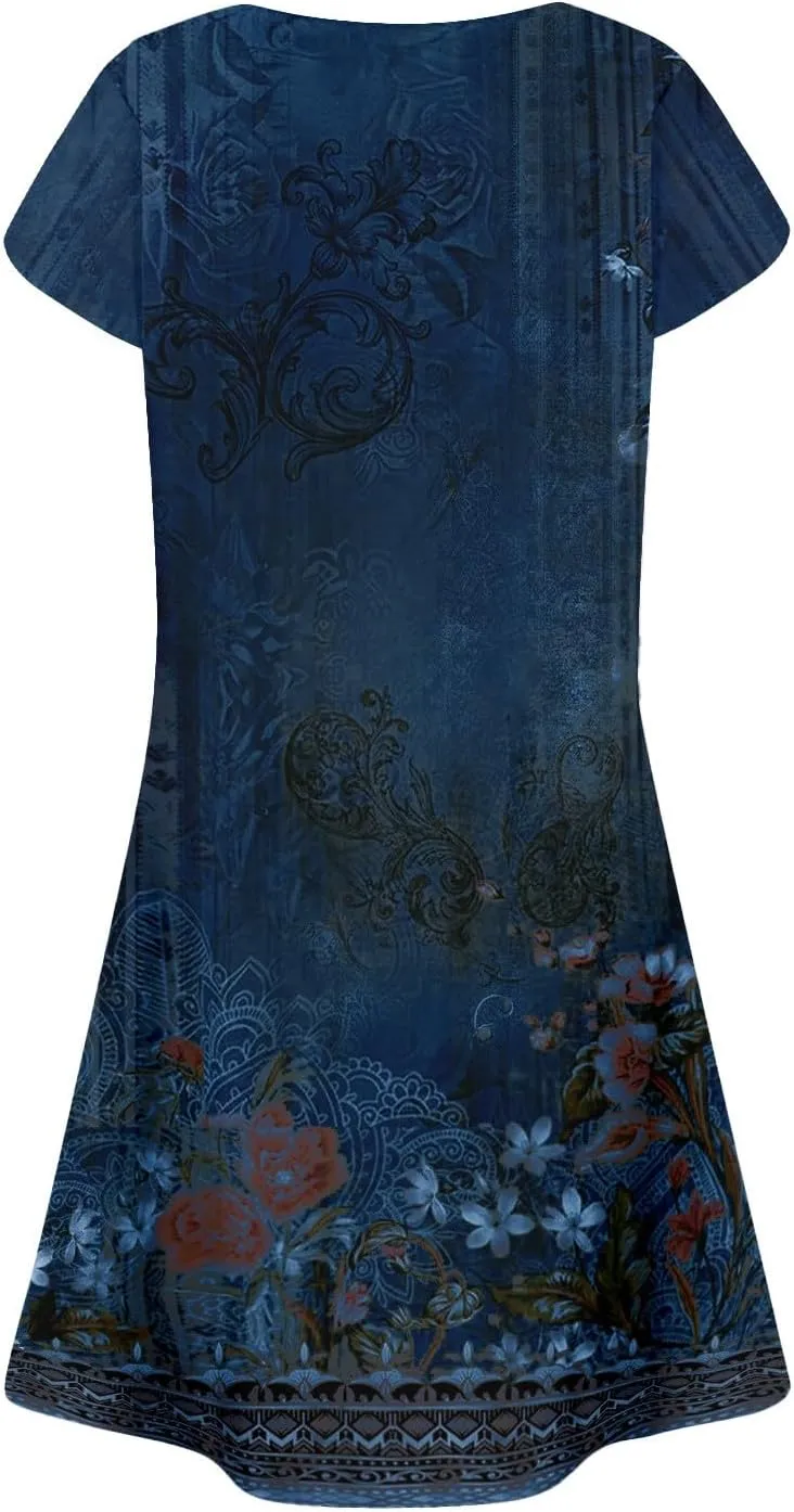 Summer Dresses for Women 2025 Round Neck Floral Short Sleeve Dress Casual T Shirt Dresses Pleated Front Beach Dress