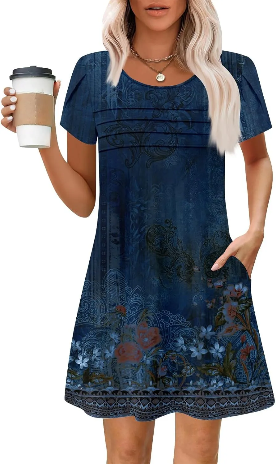 Summer Dresses for Women 2025 Round Neck Floral Short Sleeve Dress Casual T Shirt Dresses Pleated Front Beach Dress