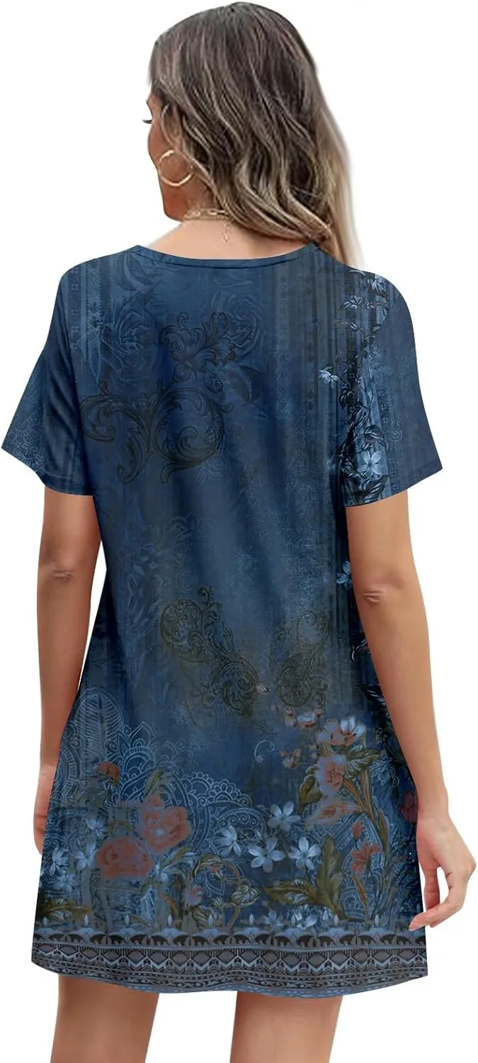 Summer Dresses for Women 2025 Round Neck Floral Short Sleeve Dress Casual T Shirt Dresses Pleated Front Beach Dress