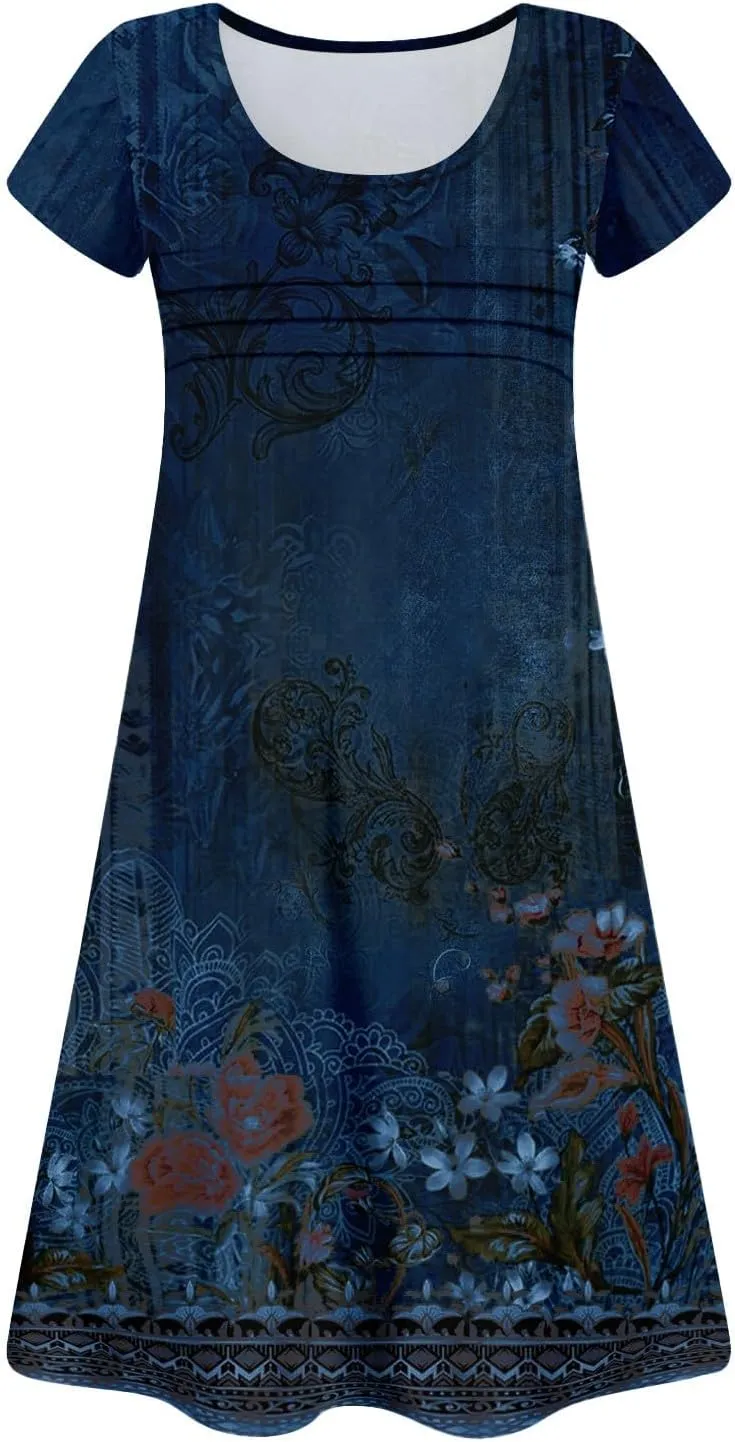 Summer Dresses for Women 2025 Round Neck Floral Short Sleeve Dress Casual T Shirt Dresses Pleated Front Beach Dress