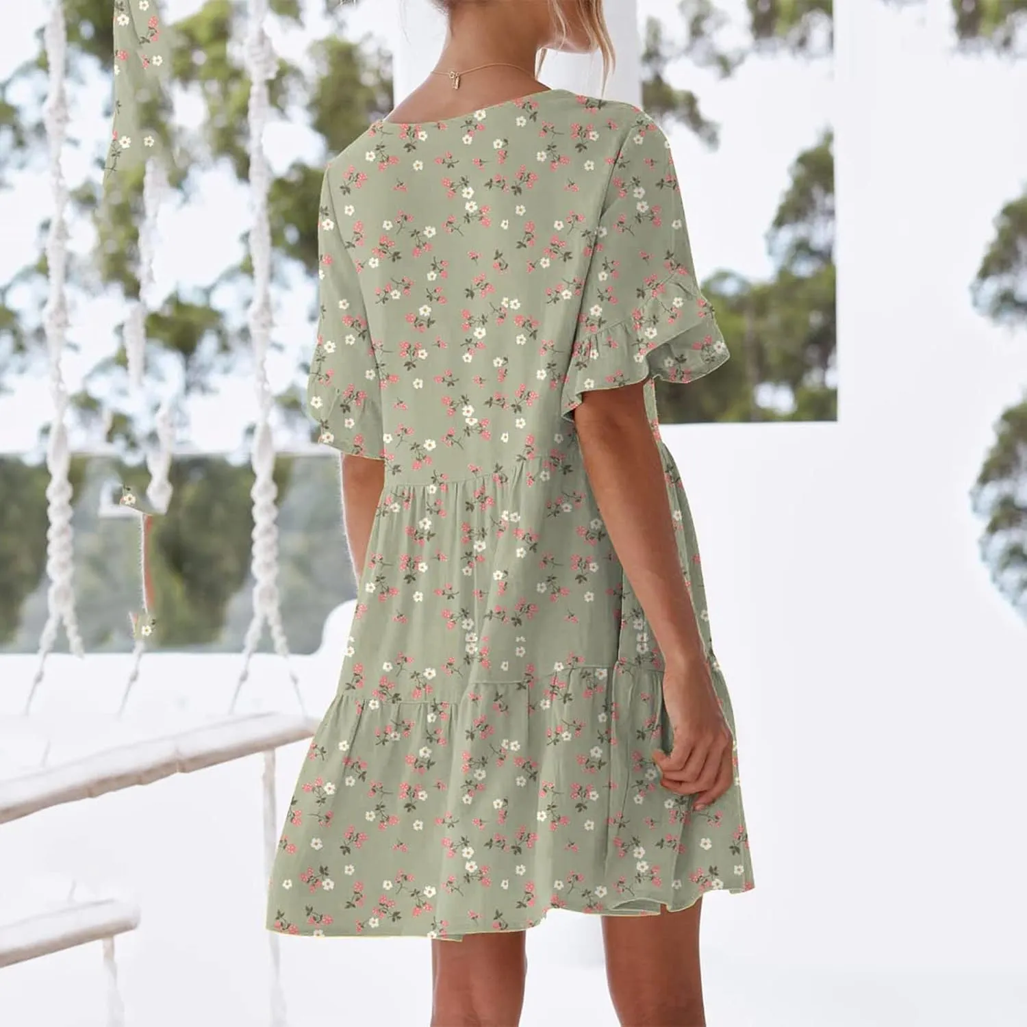 Summer Dresses for Women Loose Fit Tunic Dress with Pockets Casual V-Neck Mini Dress Short Sleeve Ruffle Prom Dress