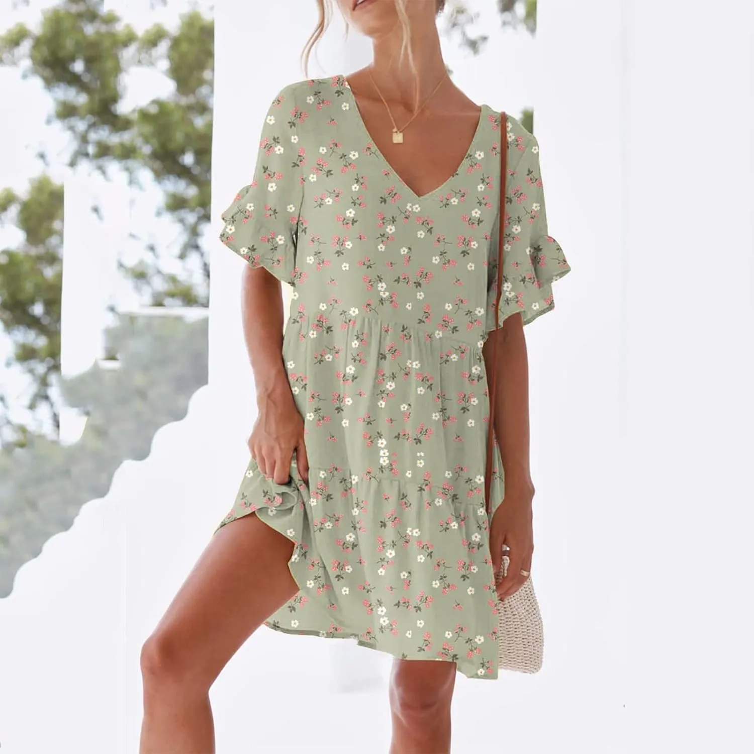 Summer Dresses for Women Loose Fit Tunic Dress with Pockets Casual V-Neck Mini Dress Short Sleeve Ruffle Prom Dress