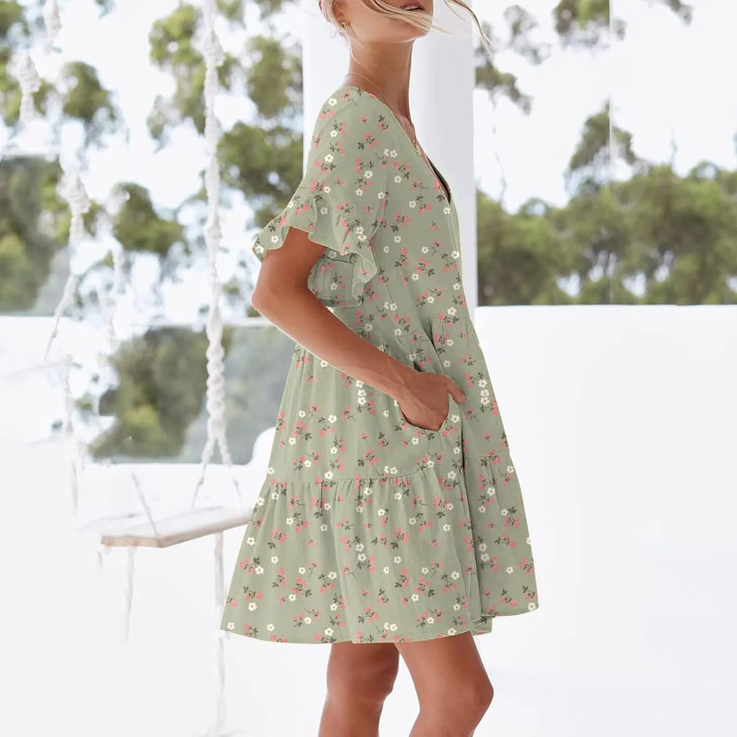 Summer Dresses for Women Loose Fit Tunic Dress with Pockets Casual V-Neck Mini Dress Short Sleeve Ruffle Prom Dress