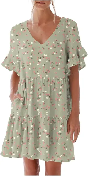 Summer Dresses for Women Loose Fit Tunic Dress with Pockets Casual V-Neck Mini Dress Short Sleeve Ruffle Prom Dress