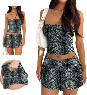 Summer Two Piece Outfits for Women Y2K Going Out Tie Ruched Tube Crop Tops Low Rise Pleated Mini Skort Skirt Sets