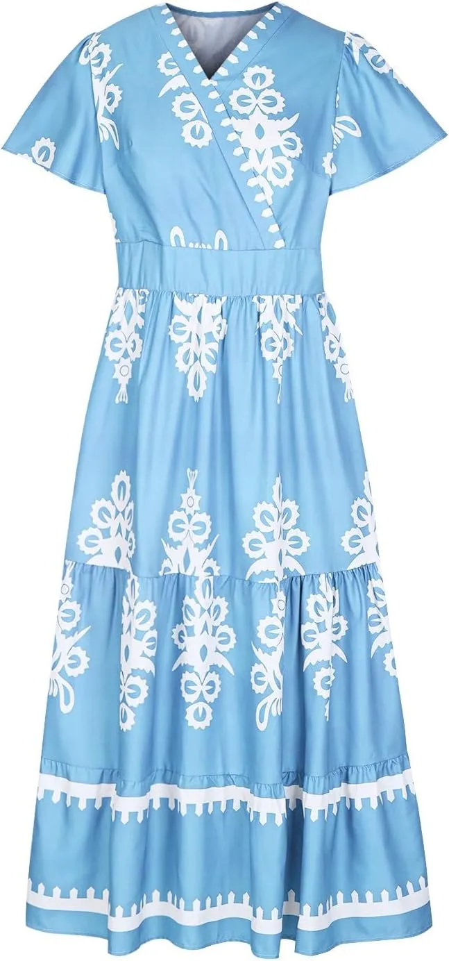 Sundresses for Women 2025 Casual Short Sleeve V-Neck Tiered Pleated Maxi Dresses Flowy Swing Floral Summer Dress