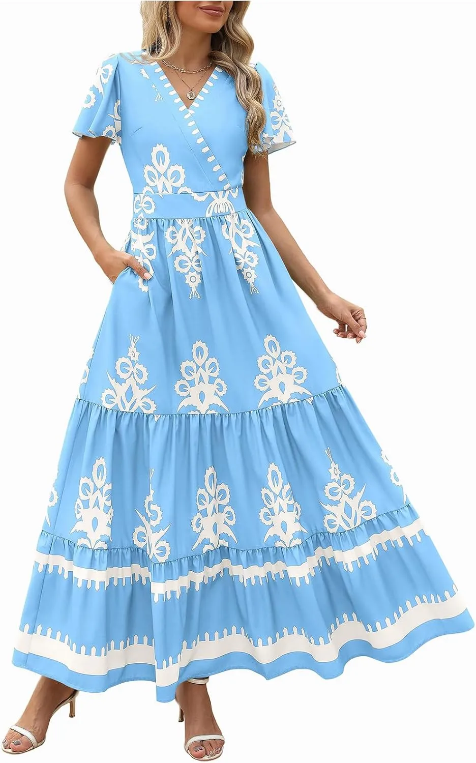 Sundresses for Women 2025 Casual Short Sleeve V-Neck Tiered Pleated Maxi Dresses Flowy Swing Floral Summer Dress