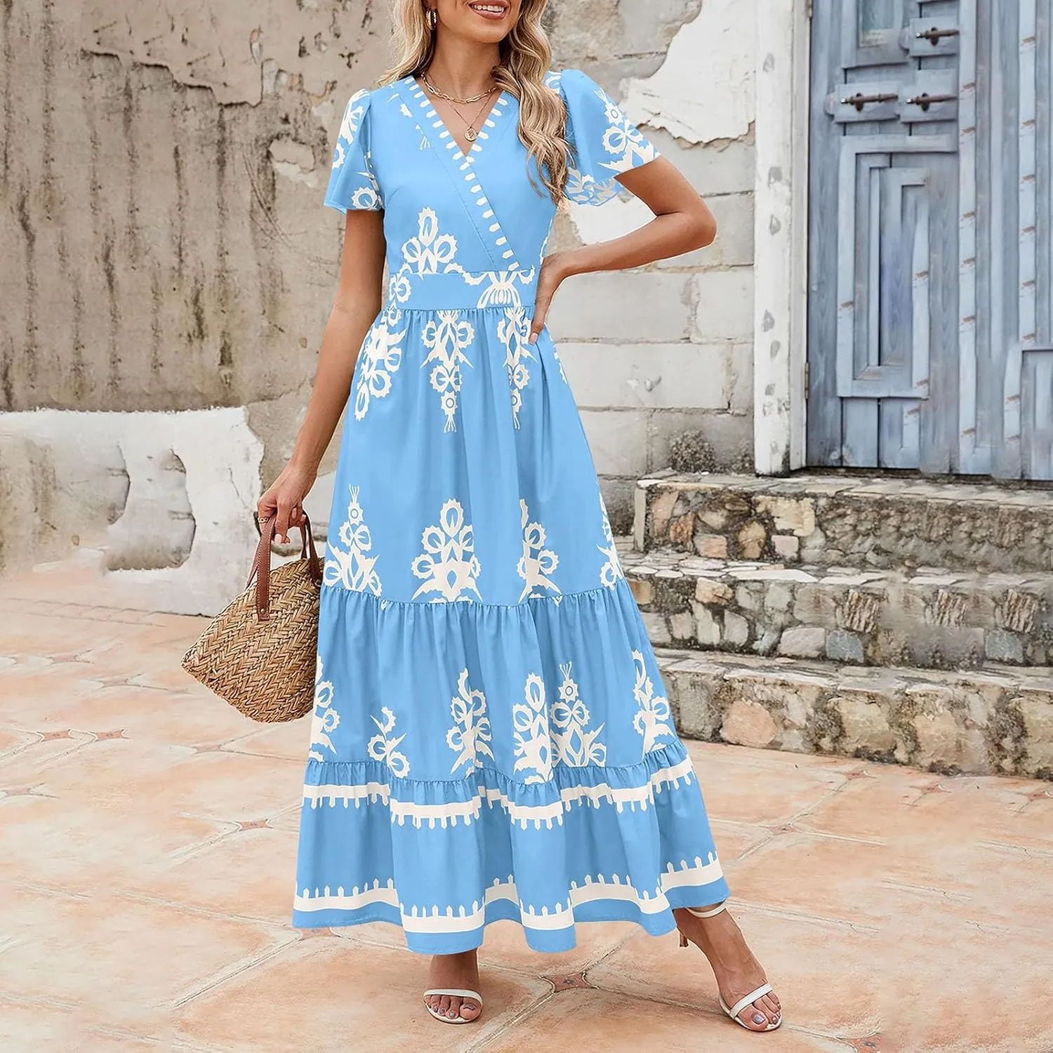 Sundresses for Women 2025 Casual Short Sleeve V-Neck Tiered Pleated Maxi Dresses Flowy Swing Floral Summer Dress