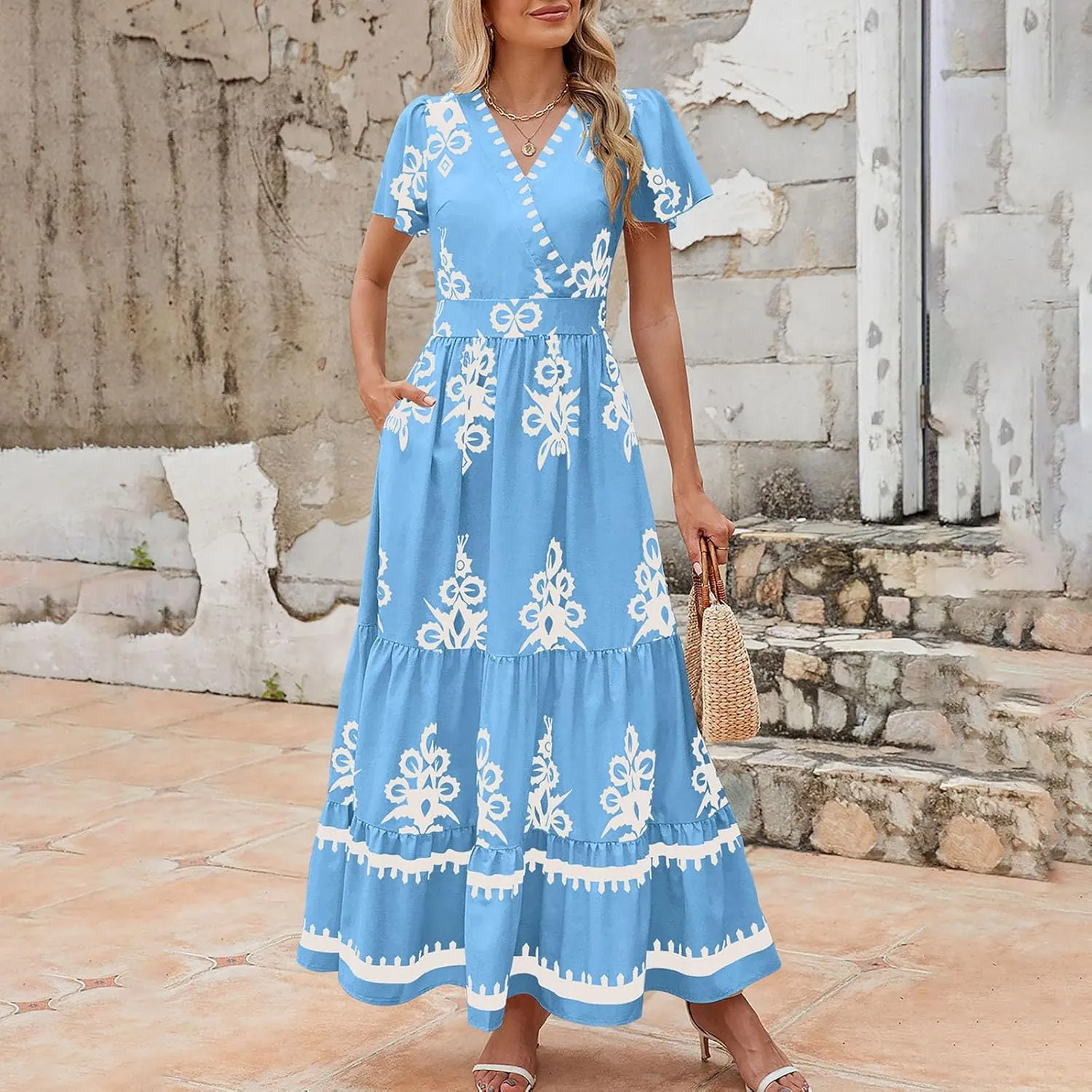 Sundresses for Women 2025 Casual Short Sleeve V-Neck Tiered Pleated Maxi Dresses Flowy Swing Floral Summer Dress