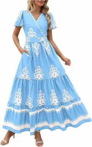 Sundresses for Women 2025 Casual Short Sleeve V-Neck Tiered Pleated Maxi Dresses Flowy Swing Floral Summer Dress