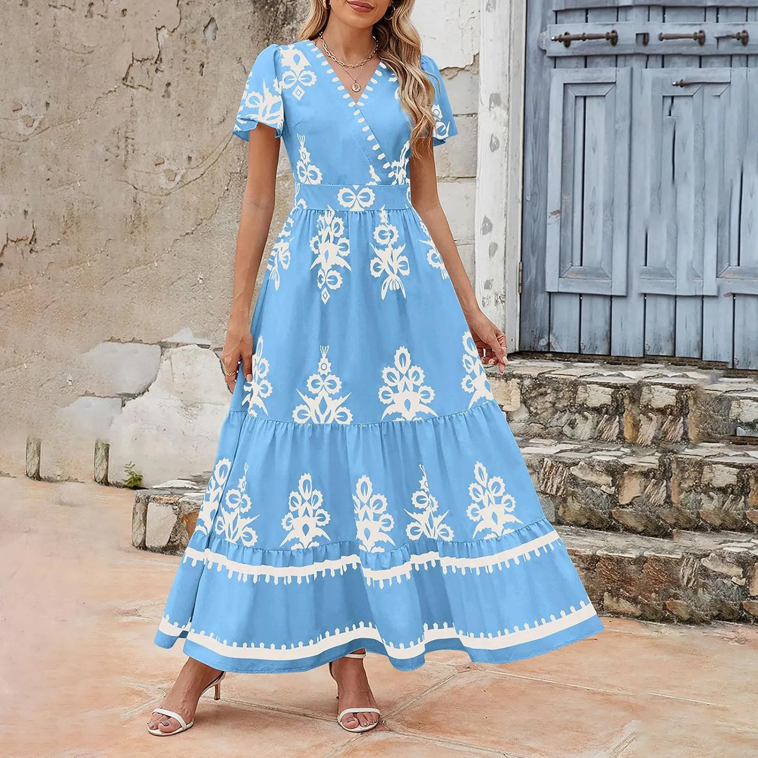 Sundresses for Women 2025 Casual Short Sleeve V-Neck Tiered Pleated Maxi Dresses Flowy Swing Floral Summer Dress
