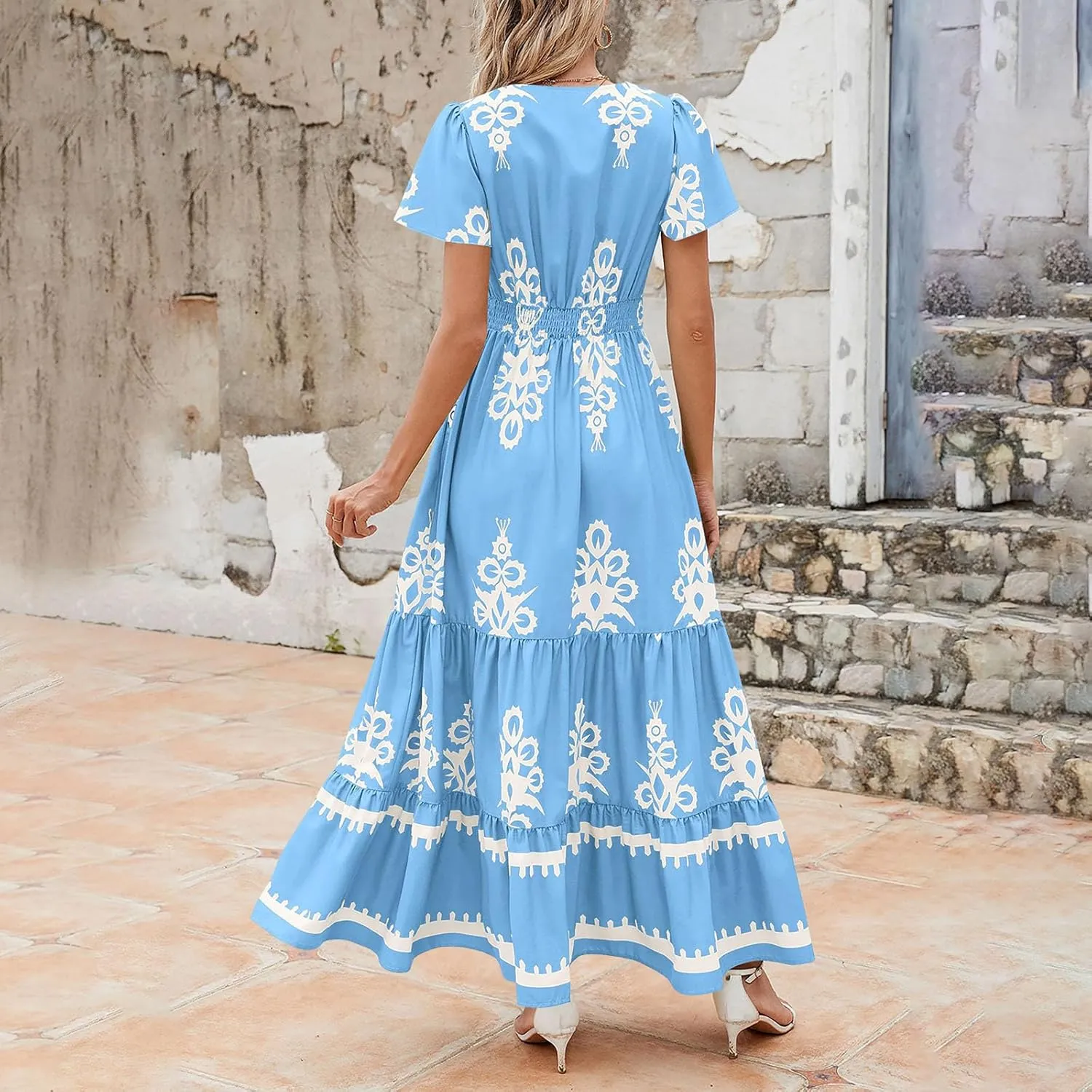 Sundresses for Women 2025 Casual Short Sleeve V-Neck Tiered Pleated Maxi Dresses Flowy Swing Floral Summer Dress