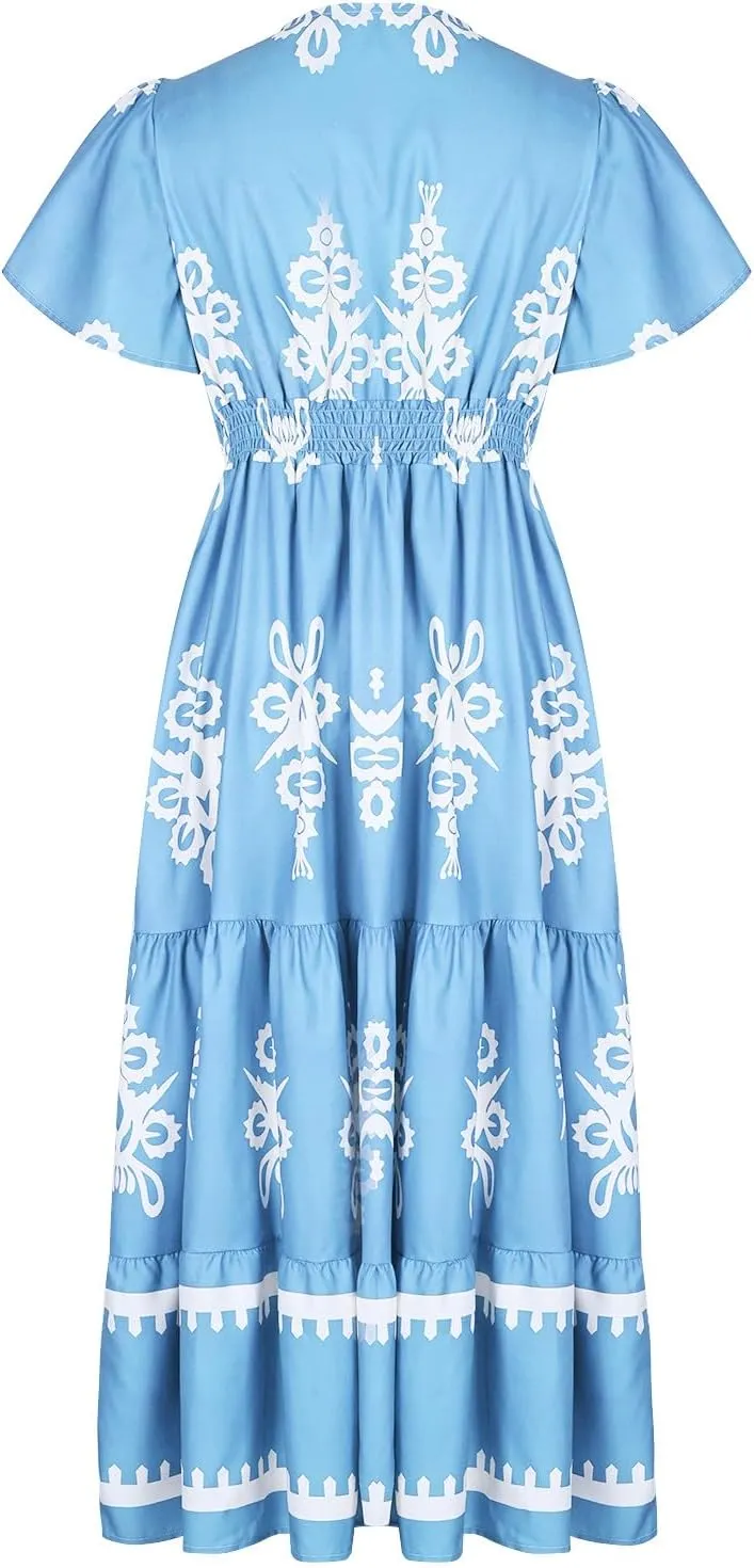 Sundresses for Women 2025 Casual Short Sleeve V-Neck Tiered Pleated Maxi Dresses Flowy Swing Floral Summer Dress