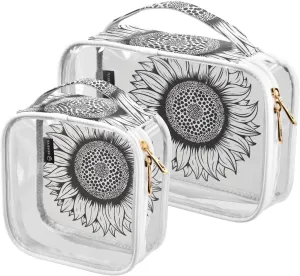 Sunflower-line-print 2 Pack Clear Toiletry Bag Women Men, Portable Waterproof Clear Pouch, Cosmetic Bag with Double Zippers Large Opening Traveling with Handle for Bathroom Traveling Vacation Organizi