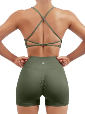 SUUKSESS Women Seamless Workout Sets Strappy Sports Bra High Waist Booty Shorts Outfits