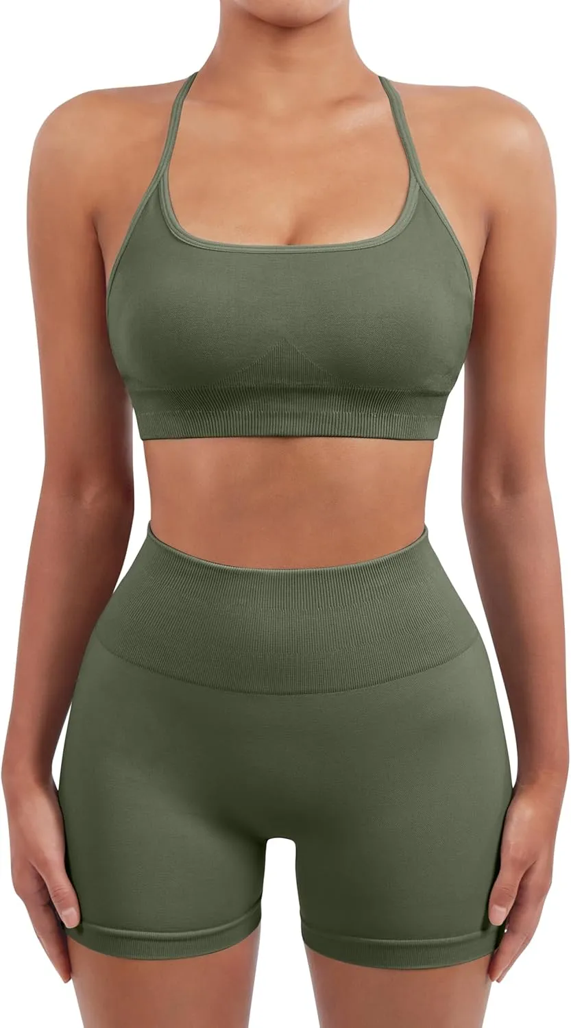 SUUKSESS Women Seamless Workout Sets Strappy Sports Bra High Waist Booty Shorts Outfits