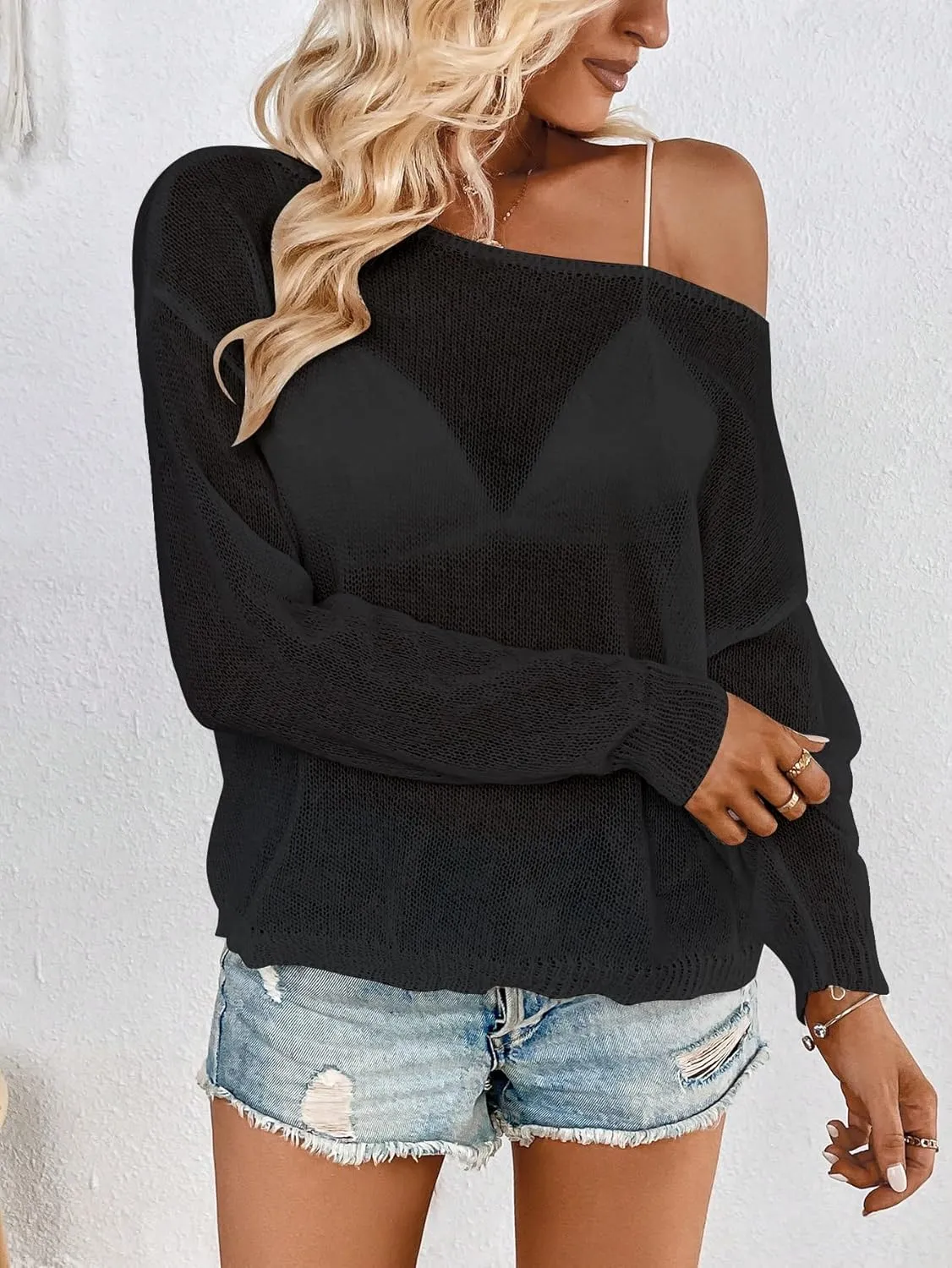 SweatyRocks Women's Long Sleeve Boat Neck Drop Shoulder Loose Fit Pullover Sheer Sweater