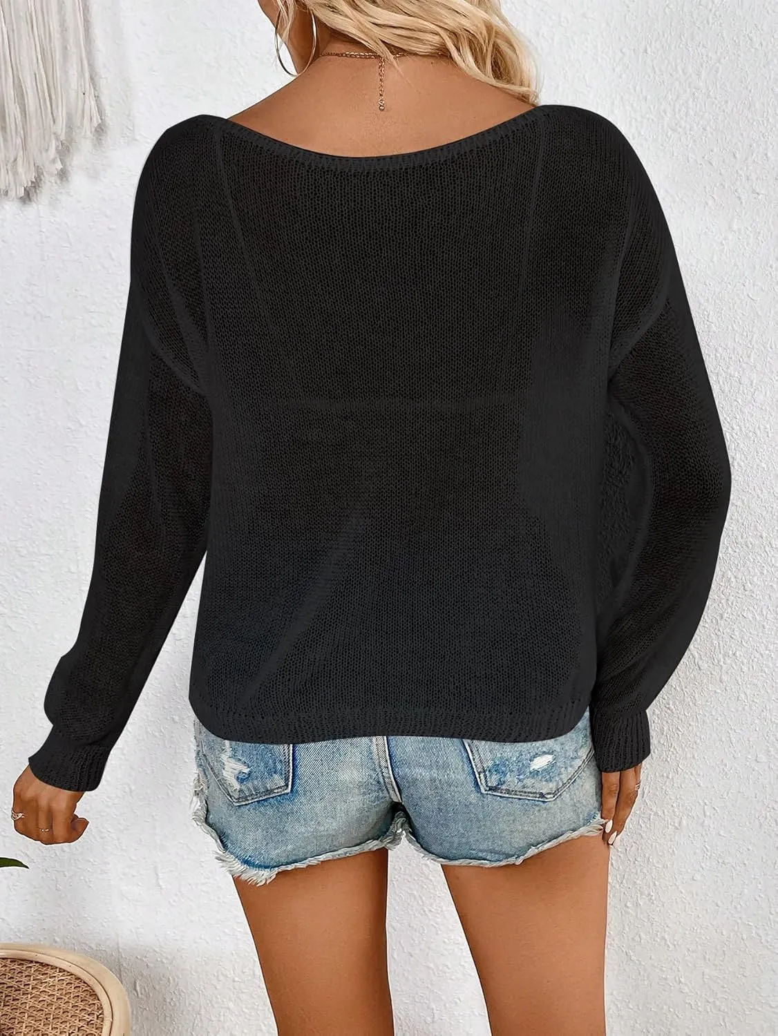 SweatyRocks Women's Long Sleeve Boat Neck Drop Shoulder Loose Fit Pullover Sheer Sweater