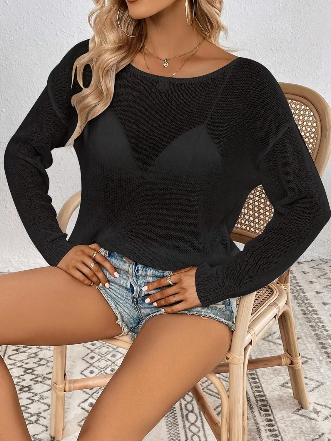SweatyRocks Women's Long Sleeve Boat Neck Drop Shoulder Loose Fit Pullover Sheer Sweater