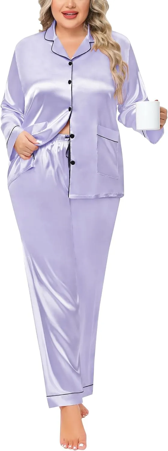 SWOMOG Women Plus Size Long Sleeve Pajamas Silk Satin Pajama Sets Button Down Sleepwear Pjs Loungewear with Pockets